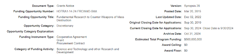 Image of the DOD's Threat Reduction Agency $500m Grant