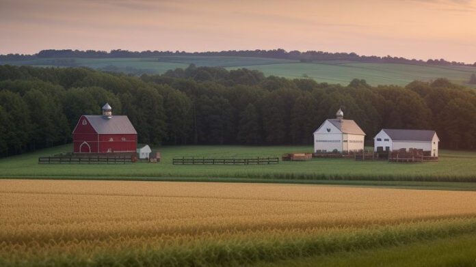Farm with crops growing, and barns