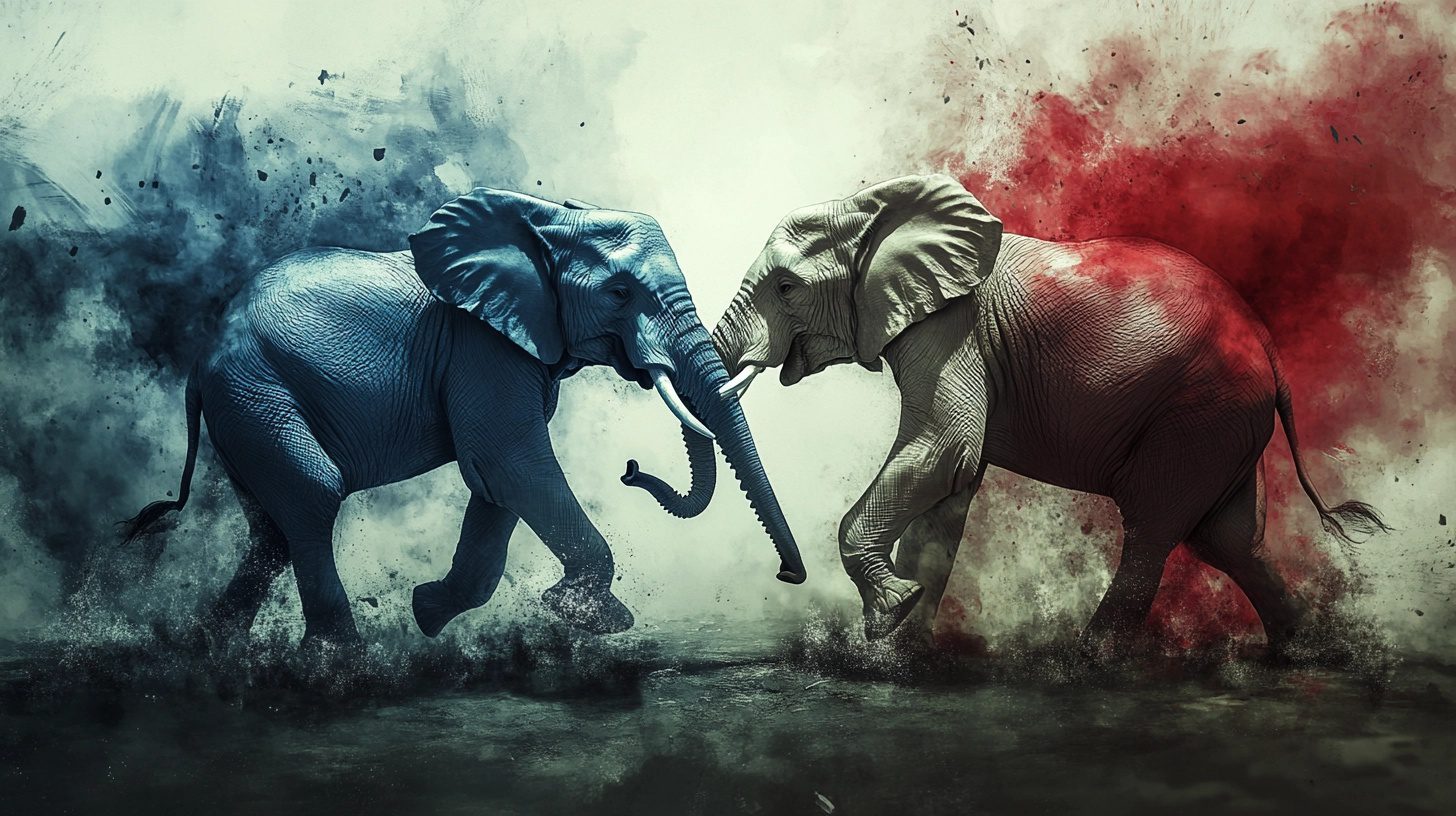 Image of 2 elephants fighting
