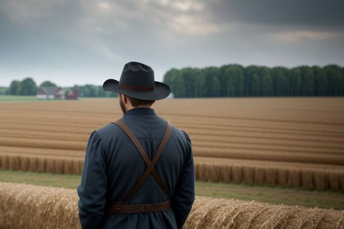Amish Farmer Looking Over His Fields