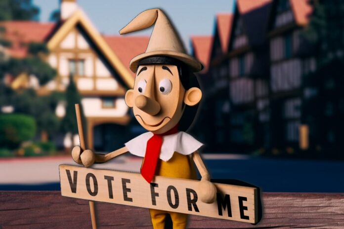 Image resembling Pinocchio running for school board